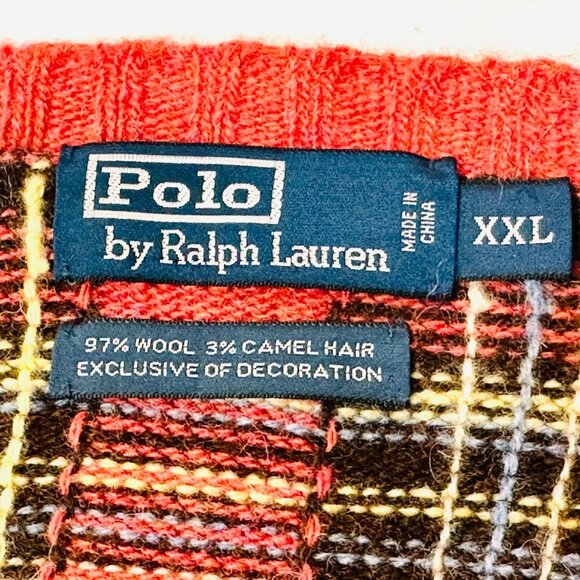 Vintage Polo Ralph Lauren Wool/Camel Hair Sweater Tartan Plaid Suede Elbow Patch - Picture 7 of 8